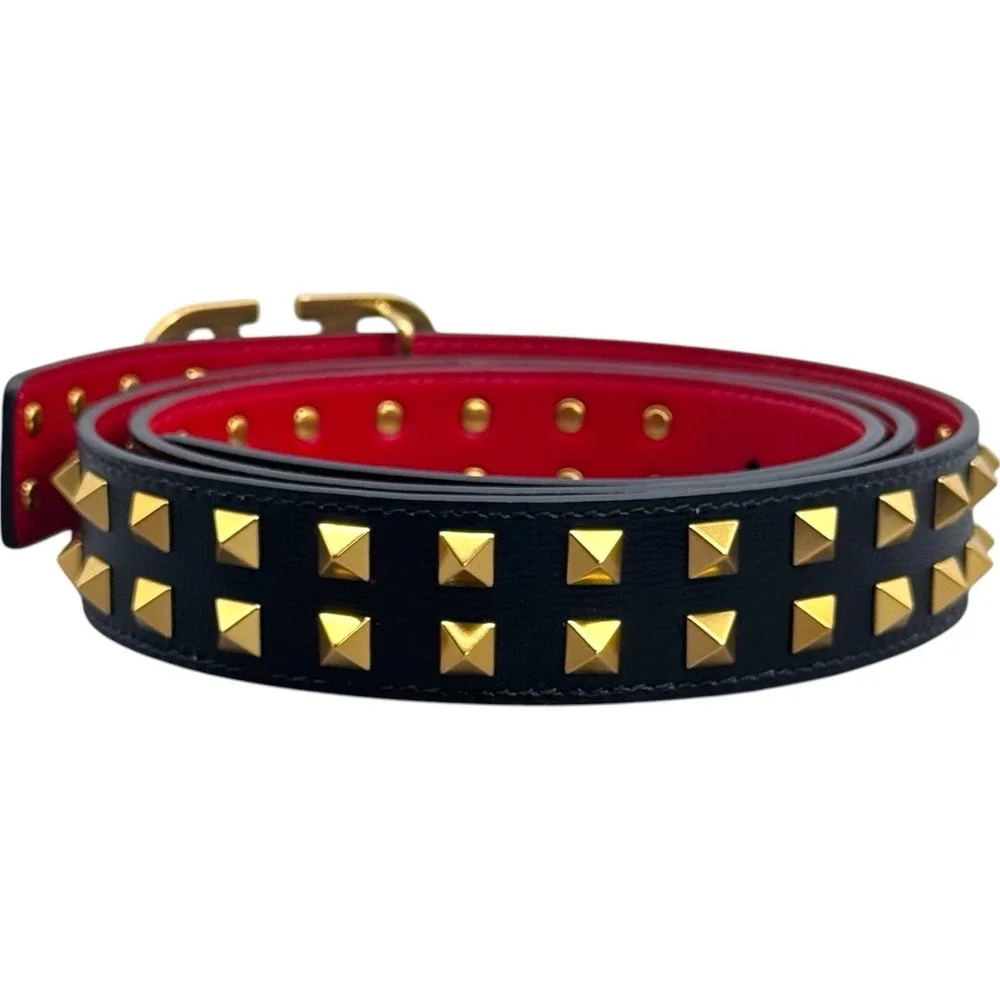 NEW WITH BOX Valentino Black Red Leather V Logo Studded Belt Luxury 100cm L